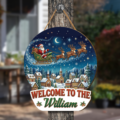 Personalized Santa Flying Sleigh Custom Shape Wood Sign, Custom Family Name Welcome To The Winter Village Wooden Hanging Plaque, Festive Christmas Door & Wall Decor Family Gift