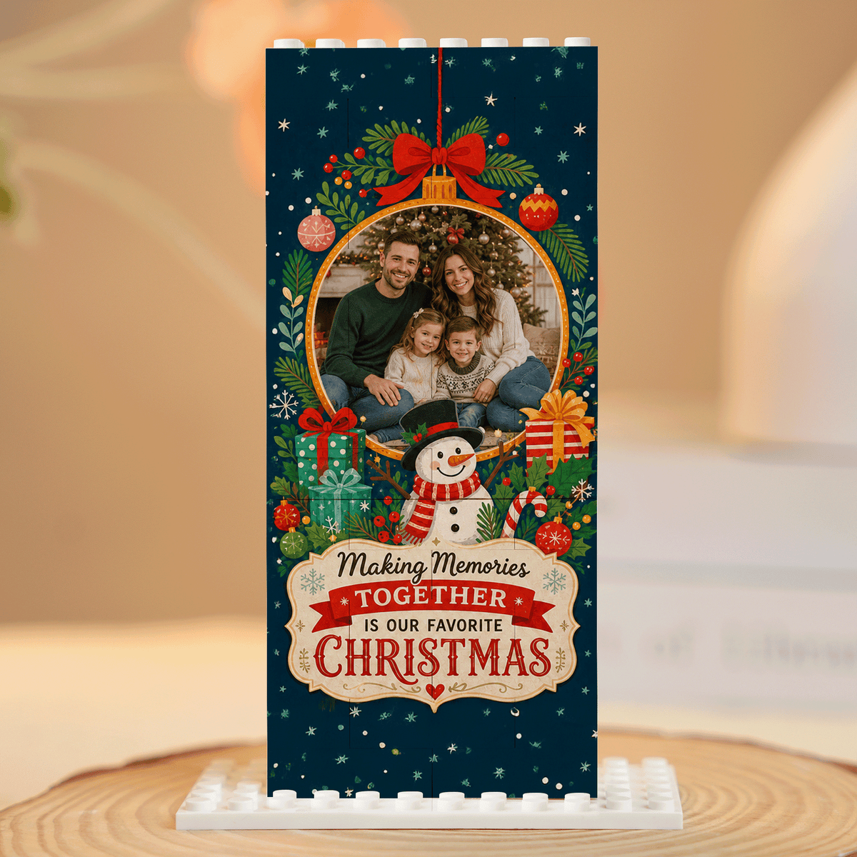 Personalized Photo Christmas Building Block in Deep Teal, Custom Family Picture Christmas Bauble & Snowman Brick Puzzle Keepsake Decor, Festive Holiday Desk Gift