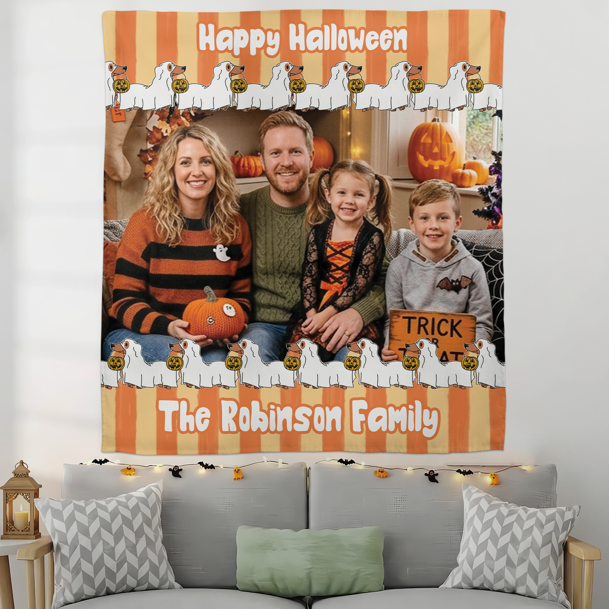 Personalized Halloween Ghost Dog Orange Striped Photo Tapestry, Custom Family Photo Name Wall Hanging Decor, Cute Dachshund Ghost Dog Party Backdrop