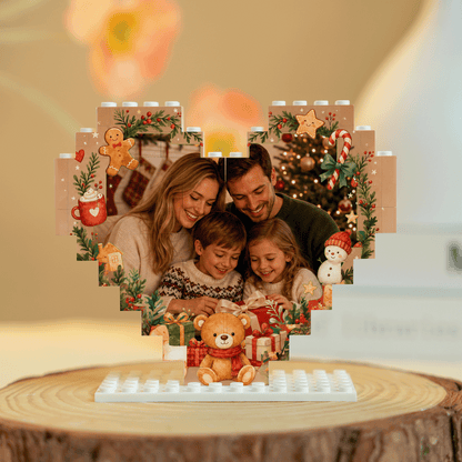 Personalized Photo Heart Building Block in Kraft Brown & Red, Custom Family Picture Gingerbread & Teddy Bear Brick Puzzle Keepsake Decor, Vintage Xmas Desk Gift