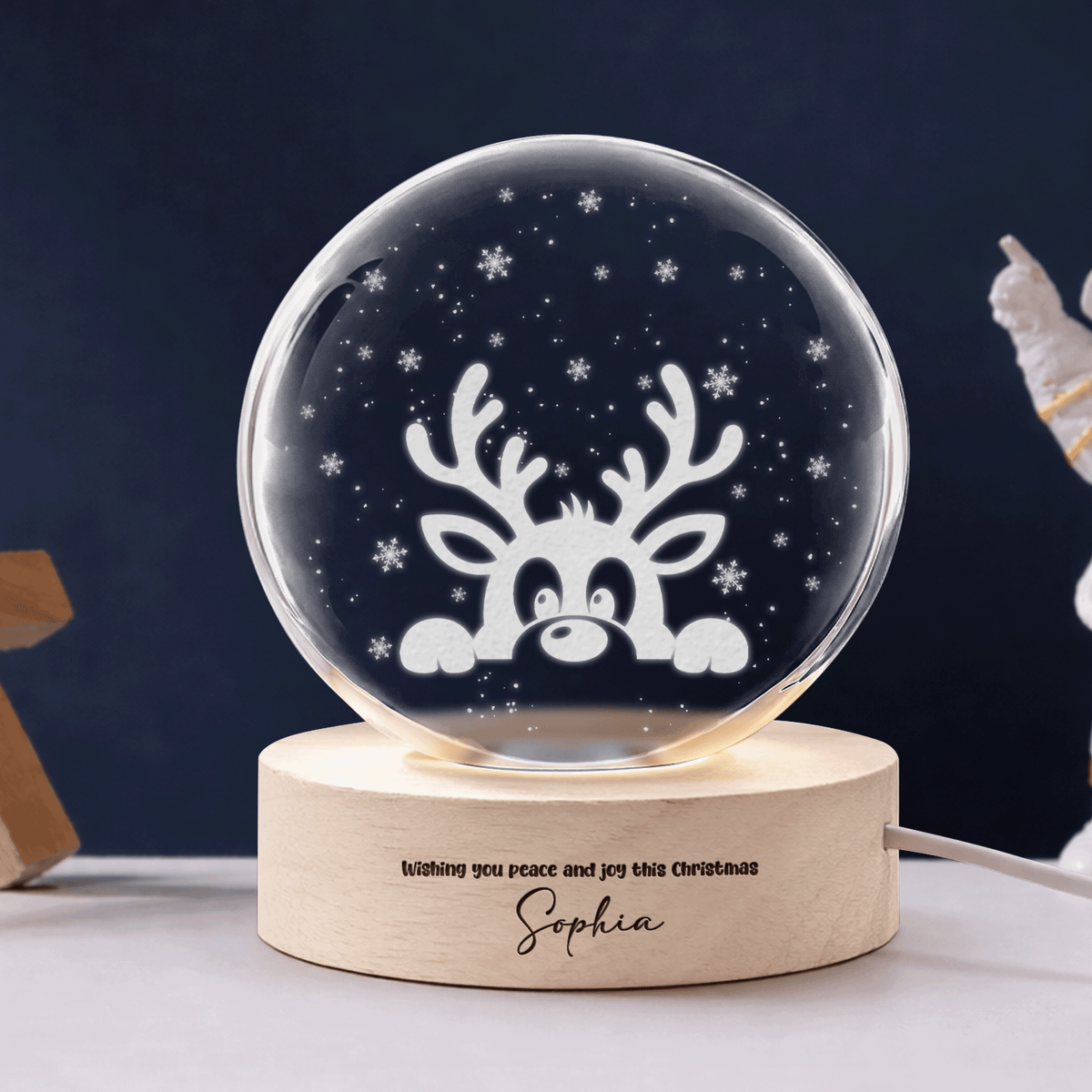 Custom Peeking Reindeer Snowflake 3D Laser Engraved Crystal Ball with LED Wooden Standee, Personalized Name Holiday Night Light Keepsake