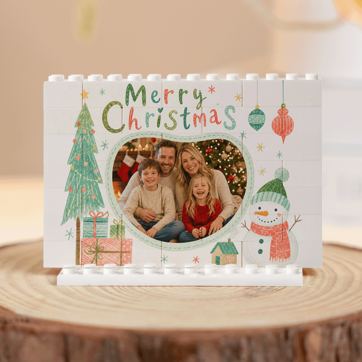 Personalized Photo Christmas Building Block in White Shiplap, Custom Family Picture Hand-Drawn Tree & Snowman "Merry Christmas" Brick Puzzle Keepsake Decor, Festive Holiday Desk Gift