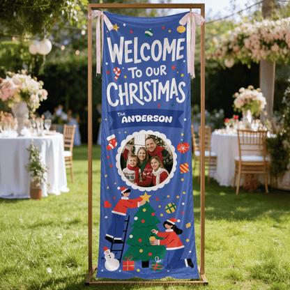 Custom Photo Blue Christmas Family Fabric Welcome Banner, Personalized Family Name Holiday Entrance Hanging Sign with Ribbon Ties, Royal Blue Tree Decorating Party Decor