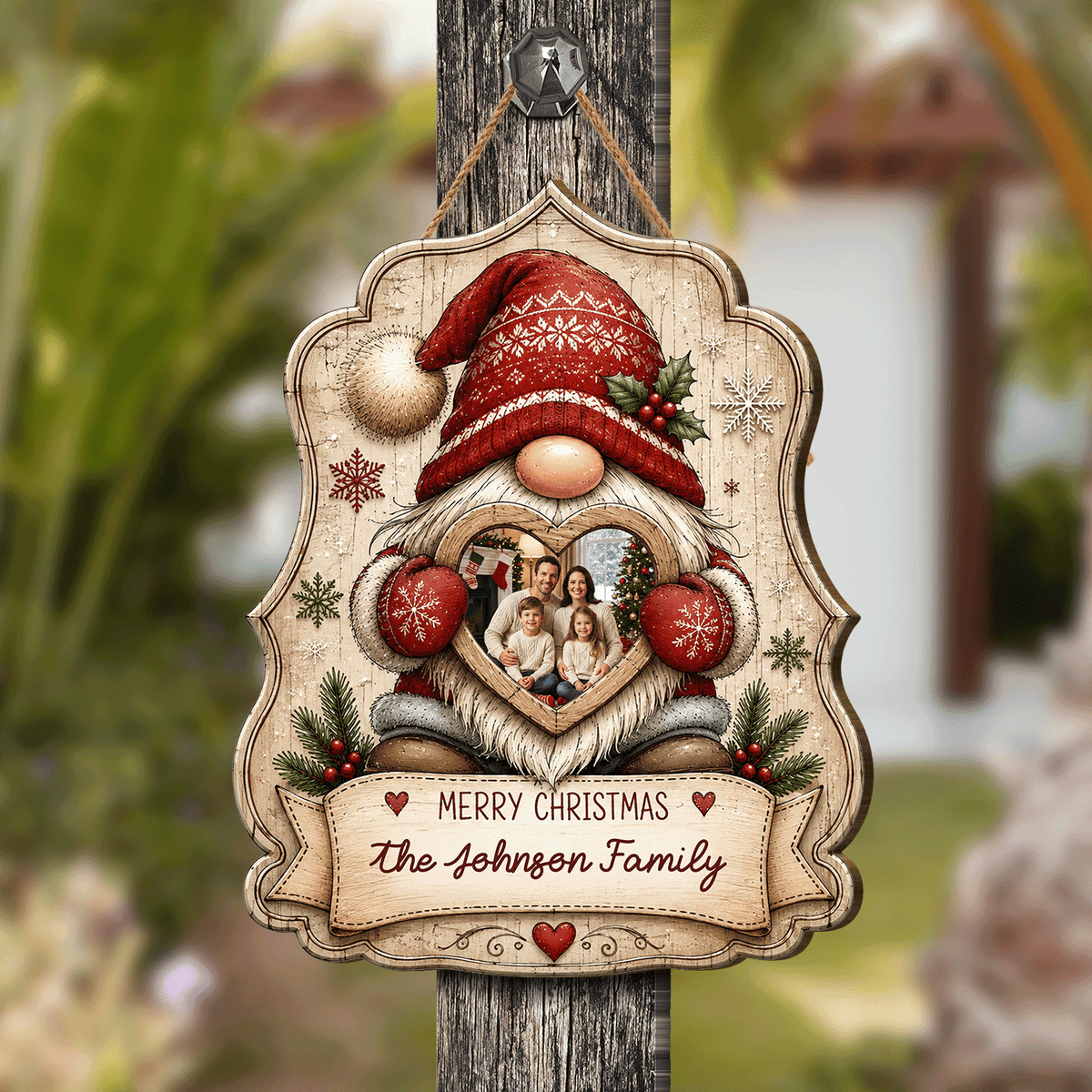Personalized Christmas Gnome Heart Photo Frame Custom Shape Wood Sign, Custom Family Picture Name Nordic Gnome Wooden Hanging Plaque, Rustic Holiday Door & Wall Decor Family Gift