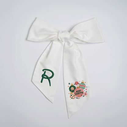 Custom Monogram Merry Christmas Ornaments Embroidered Linen Door Wreath Sash, Personalized Initial Festive Baubles Floral Holiday Wreath Sash & Front Door Decor