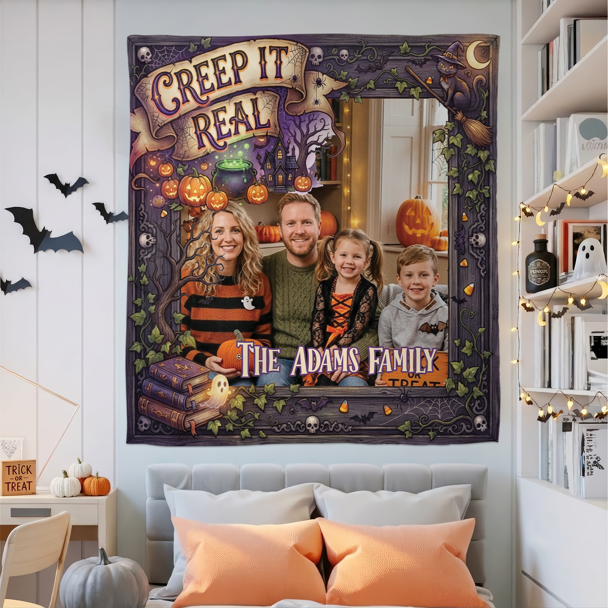 Personalized Halloween Creep It Real Photo Tapestry, Custom Family Photo Name Wall Hanging Decor, Spooky Witchy Haunted House Party Backdrop
