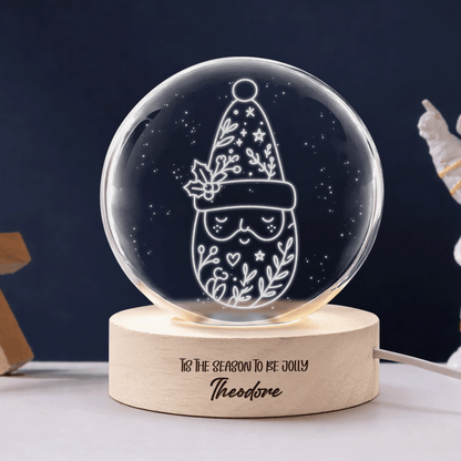 Custom Christmas Gnome Botanical Hat 3D Laser Engraved Crystal Ball with LED Wooden Standee, Personalized Name Holiday Night Light Keepsake