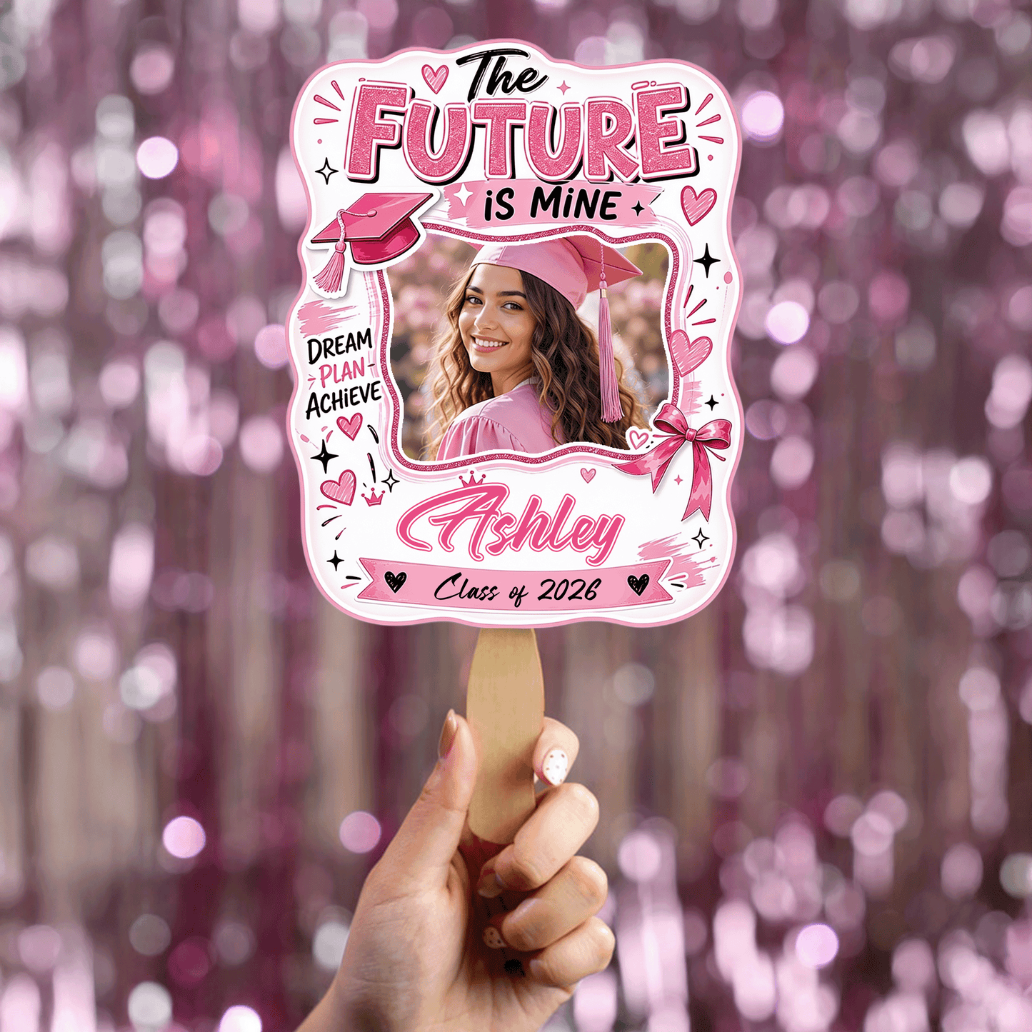 The Future Is Mine Pink Custom Shape Photo Hand Fan with Photo, Name Graduation Party Fan