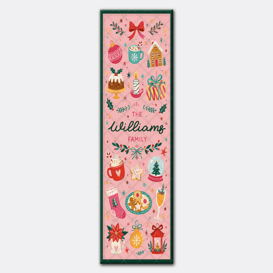Full length pink holiday treats runner design with pudding, gingerbread house, snow globe and lantern icons