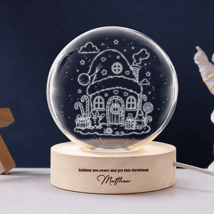 Custom Santa Hat Cozy House 3D Laser Engraved Crystal Ball with LED Wooden Standee, Personalized Name Holiday Night Light Keepsake