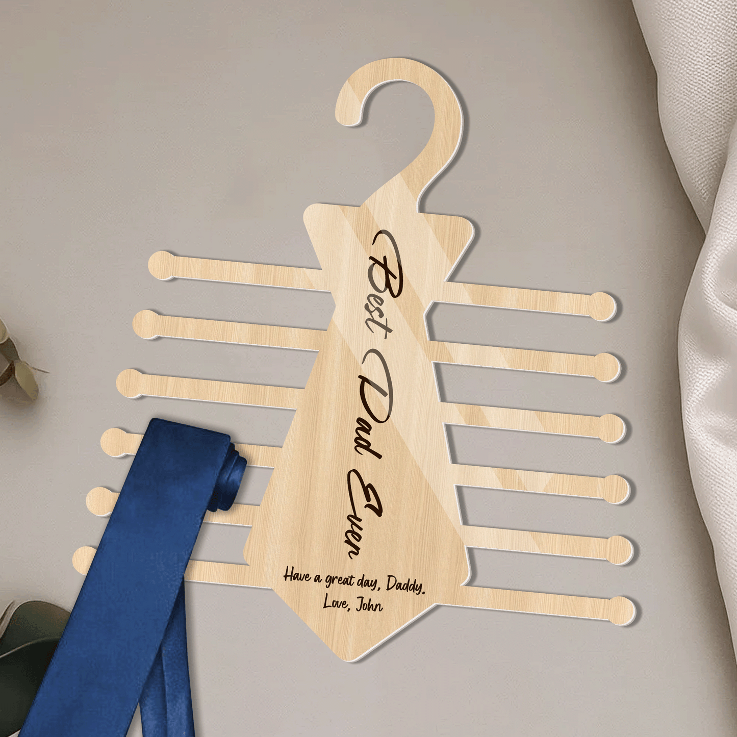 Personalized Tie Hanger for Dad – “Best Dad Ever” Wooden Organizer Gift