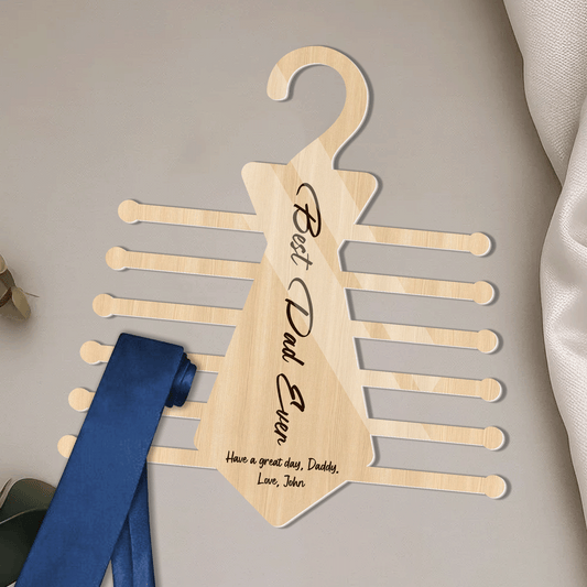 Personalized Tie Hanger for Dad - "Best Dad Ever" Wooden Organizer Gift