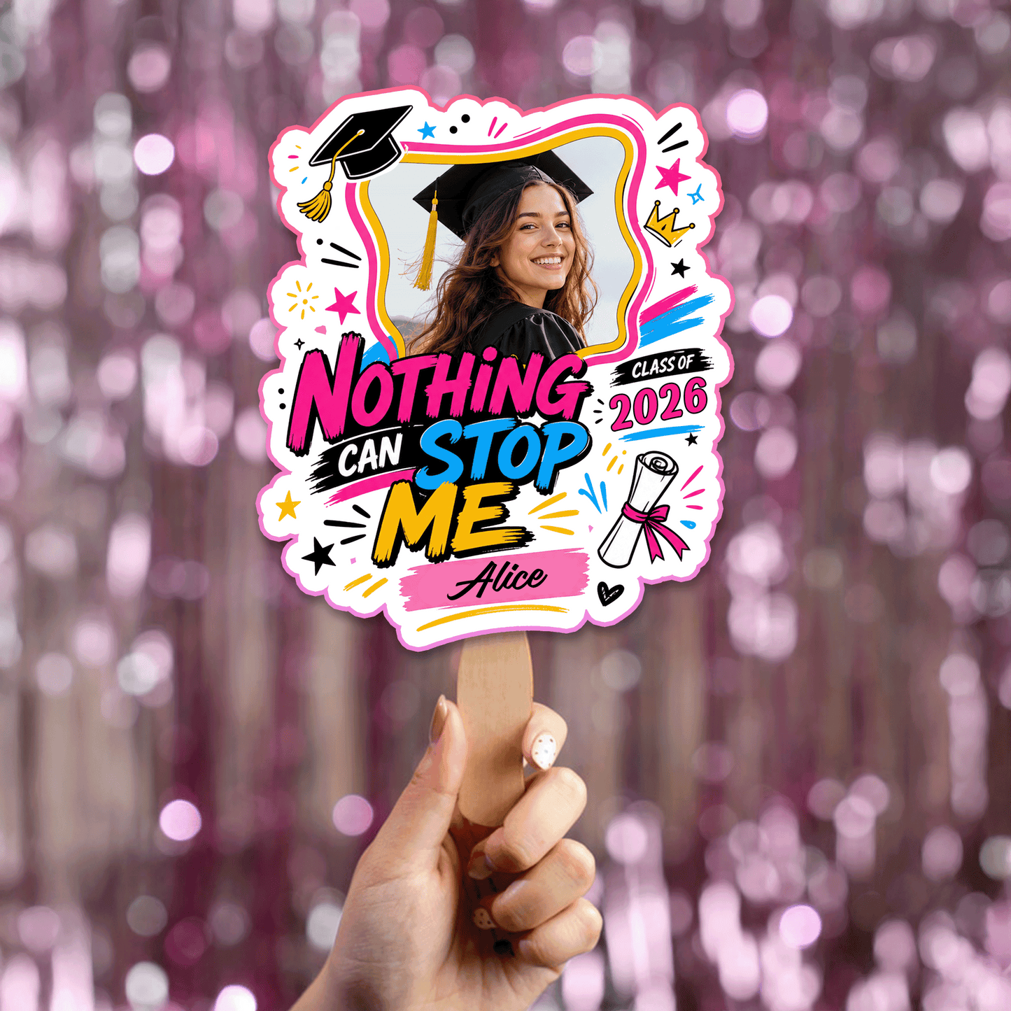 Personalized Nothing Can Stop Me Custom Shape Photo Hand Fan, Graduation Fan with Photo & Name