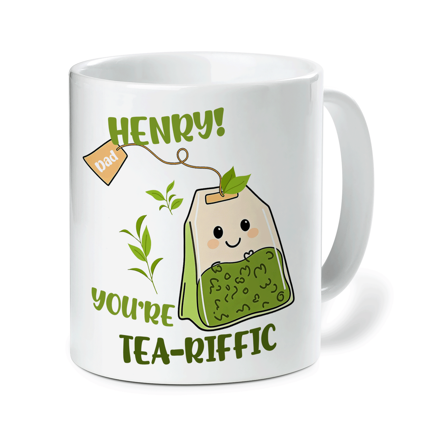Personalized Tea-riffic Mug for Dad – Custom Name Ceramic Mug, Funny Gift for Father, Birthday Gift Idea
