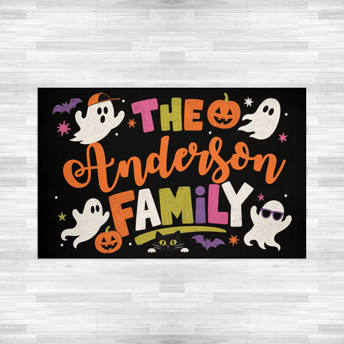 Personalized Halloween Playful Ghost Black Cat Rug Custom Family Name Home Decor Floor Mat
