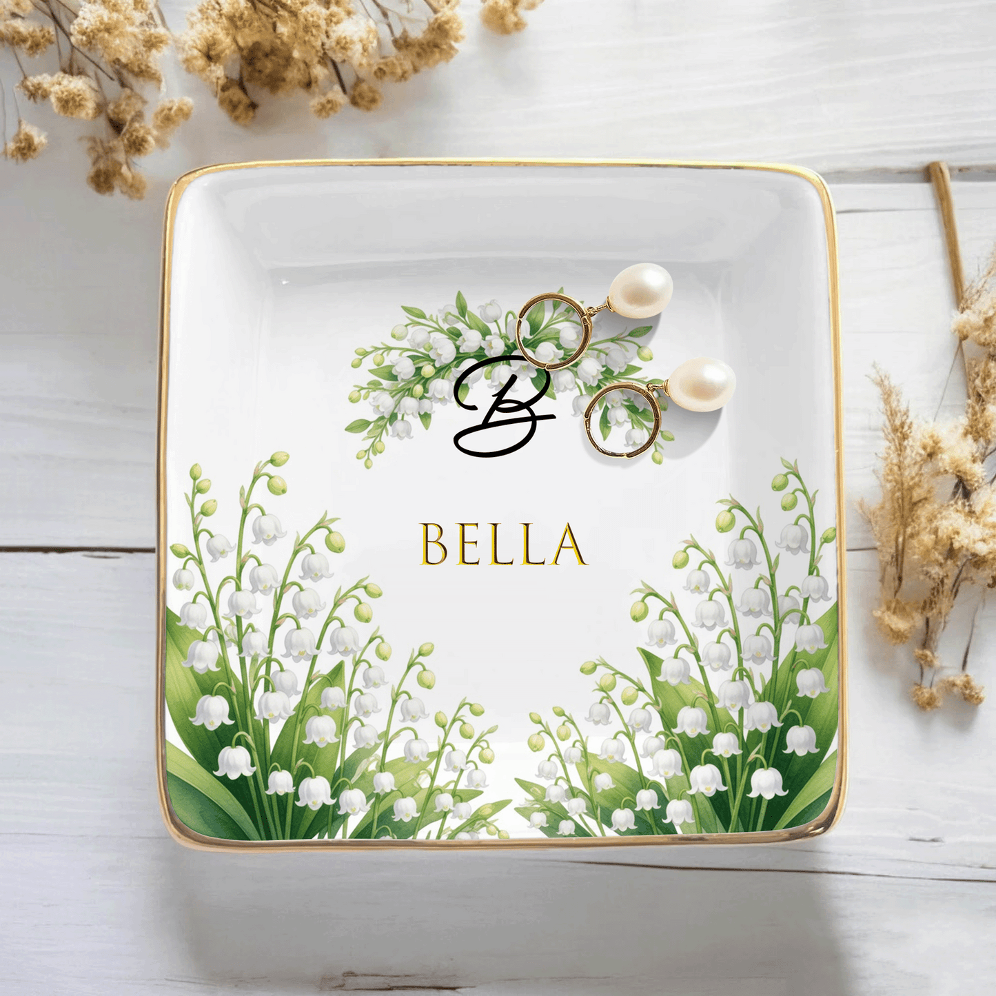 Personalized Birth Month Flower Ring Dish Custom Name Jewelry Trinket Dish