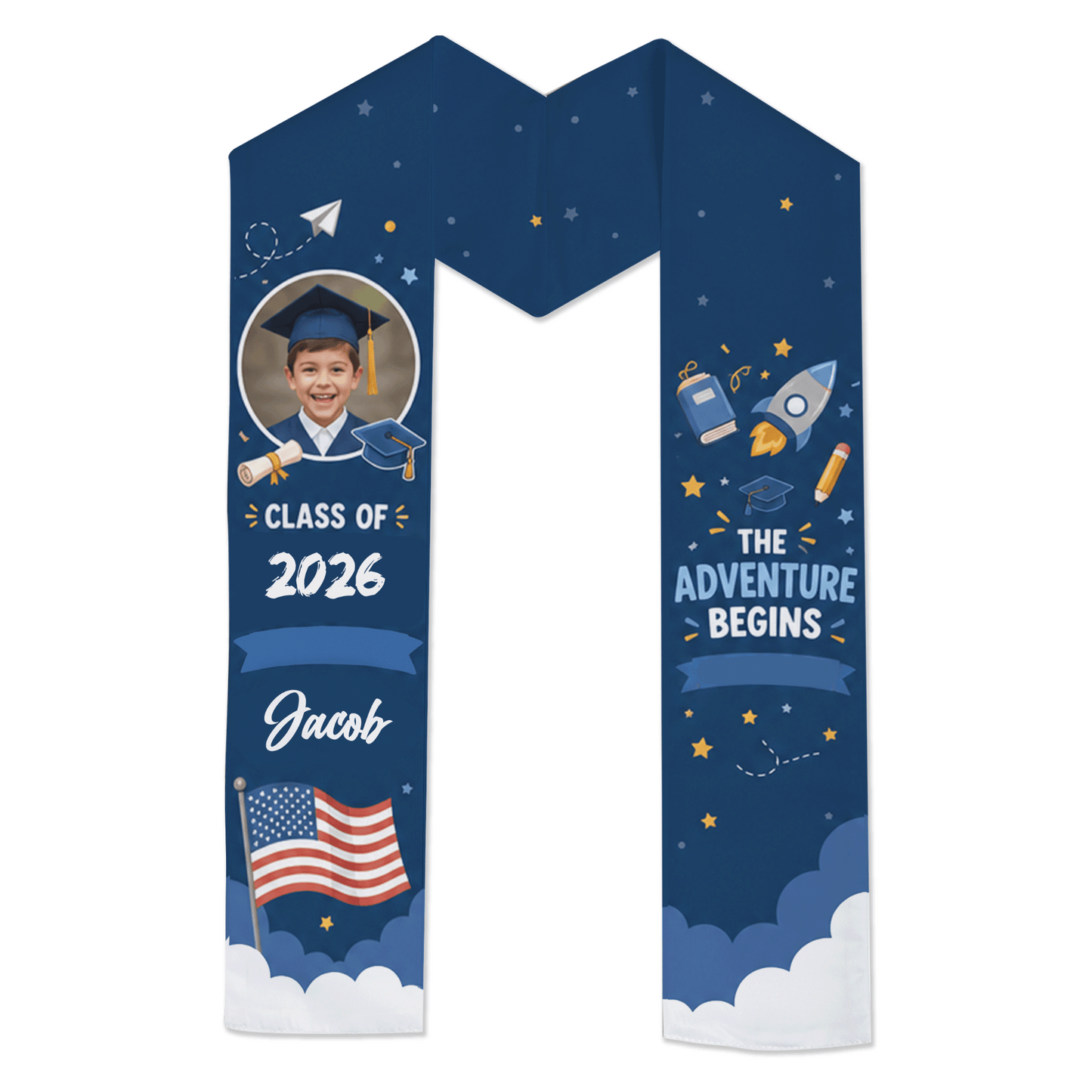 Personalized The Adventure Begins Kid Graduation Stole – Custom Name