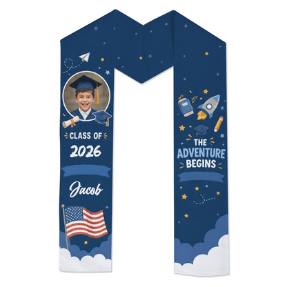 Personalized The Adventure Begins Kid Graduation Stole – Custom Name