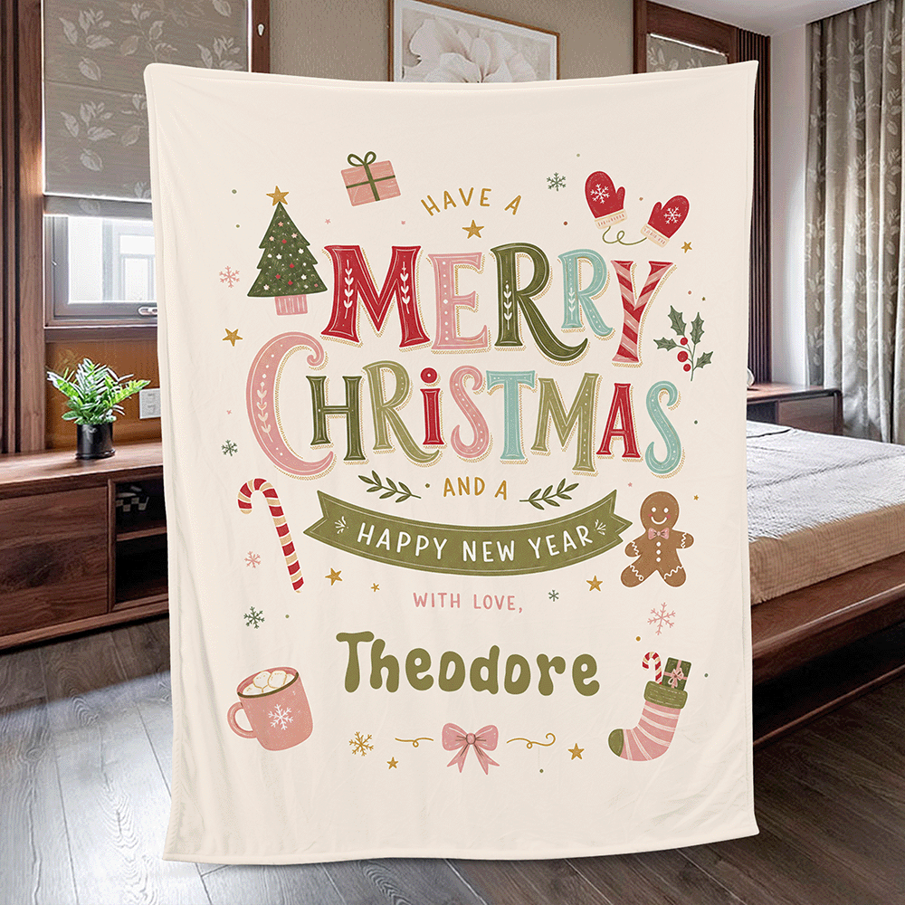 Personalized Have A Merry Christmas Blanket, Custom Name Pastel Holiday Fleece Blanket, Cozy Xmas Throw Keepsake Gift