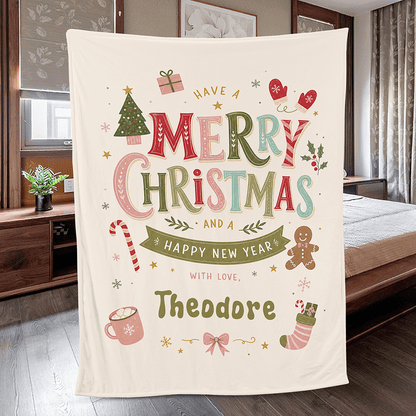 Personalized Have A Merry Christmas Blanket, Custom Name Pastel Holiday Fleece Blanket, Cozy Xmas Throw Keepsake Gift