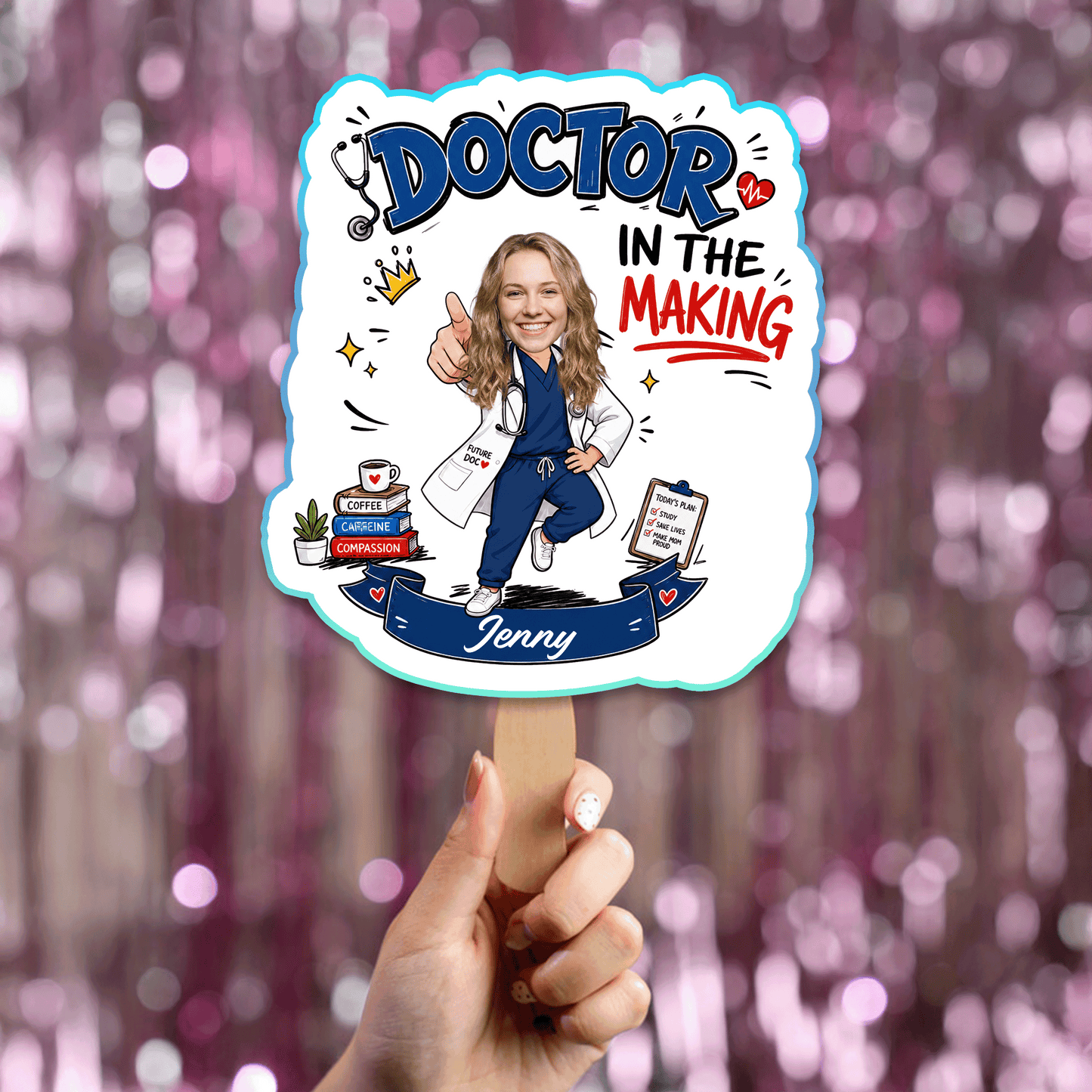 Personalized Doctor in the Making Custom Shape Photo Hand Fan, Graduation Fan with Photo & Name