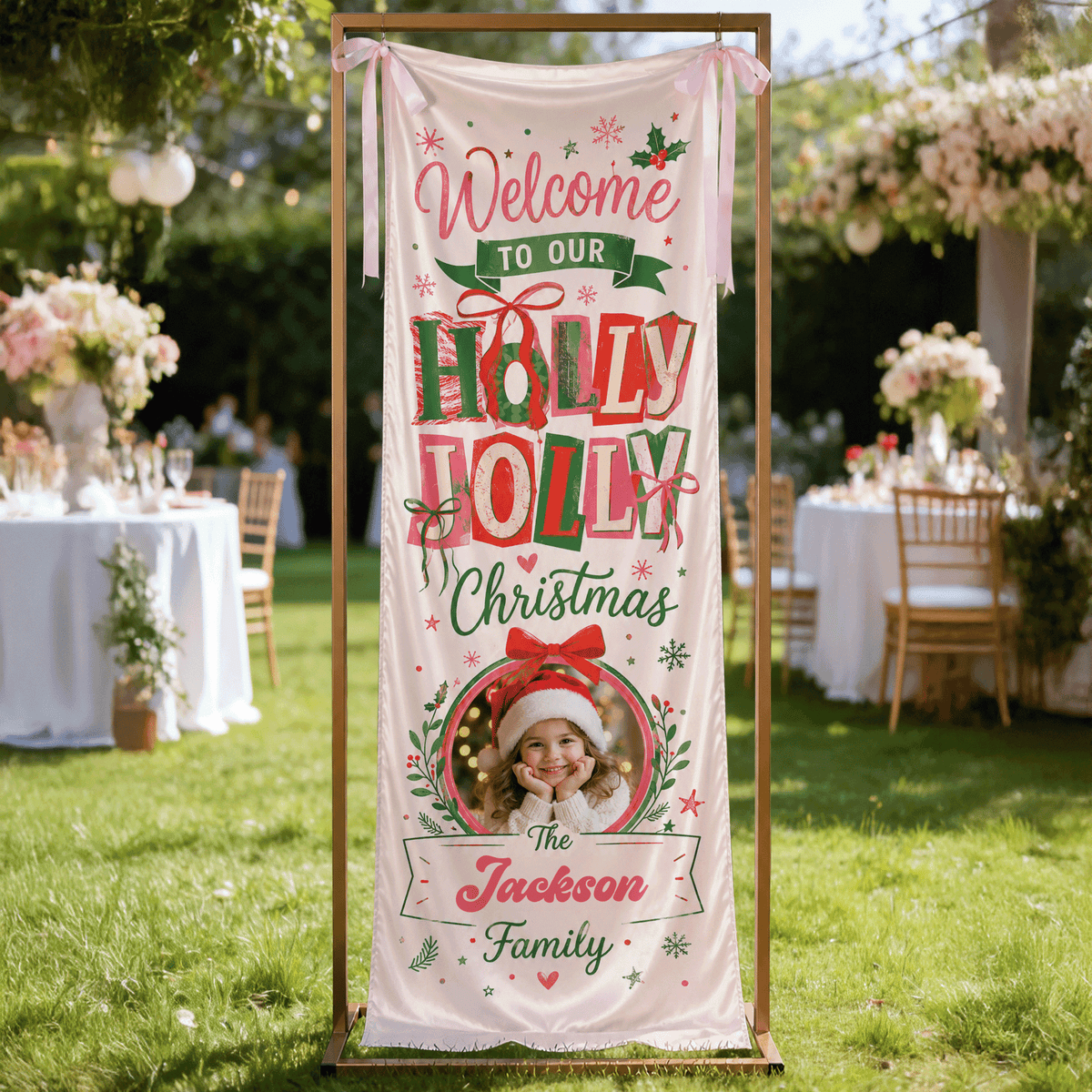 Custom Photo Holly Jolly Christmas Fabric Welcome Banner, Personalized Family Name Holiday Entrance Hanging Sign with Ribbon Ties, Red & Green Festive Kids Christmas Decor