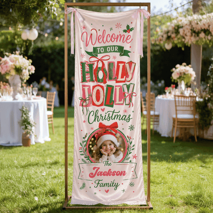 Custom Photo Holly Jolly Christmas Fabric Welcome Banner, Personalized Family Name Holiday Entrance Hanging Sign with Ribbon Ties, Red & Green Festive Kids Christmas Decor