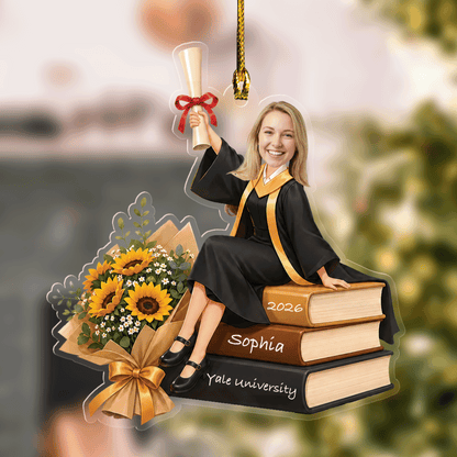 Personalized Sunflower and Books Graduation Photo Acrylic Ornament – Custom Photo for Girls