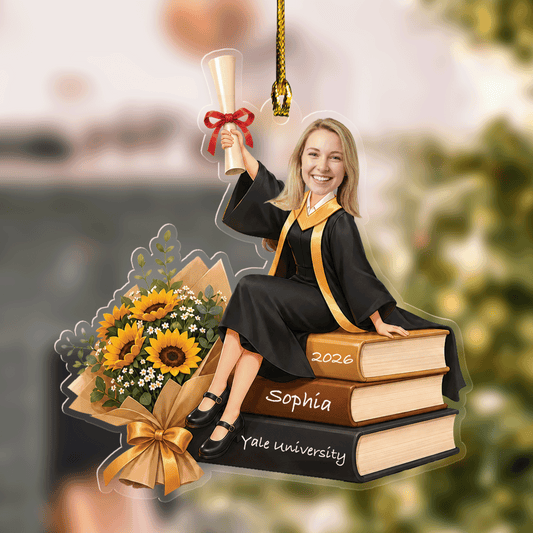 Personalized Sunflower and Books Graduation Photo Acrylic Ornament – Custom Photo for Girls