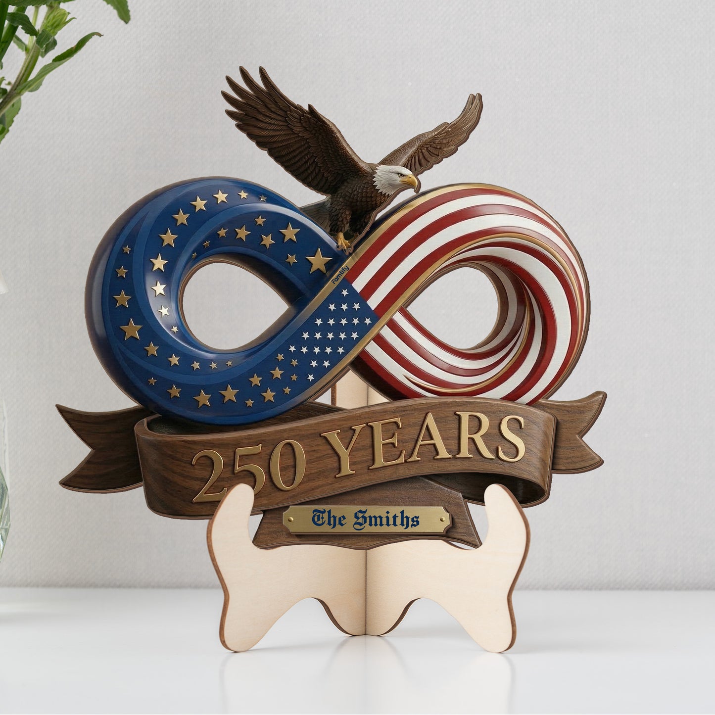 Personalized USA 250th Anniversary Infinity Wood Sign – Patriotic Eagle American Flag 2-Layer Wooden Decor