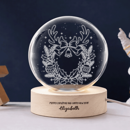 Custom Reindeer Antlers Wreath Jingle Bell 3D Laser Engraved Crystal Ball with LED Wooden Standee, Personalized Name Holiday Night Light Keepsake