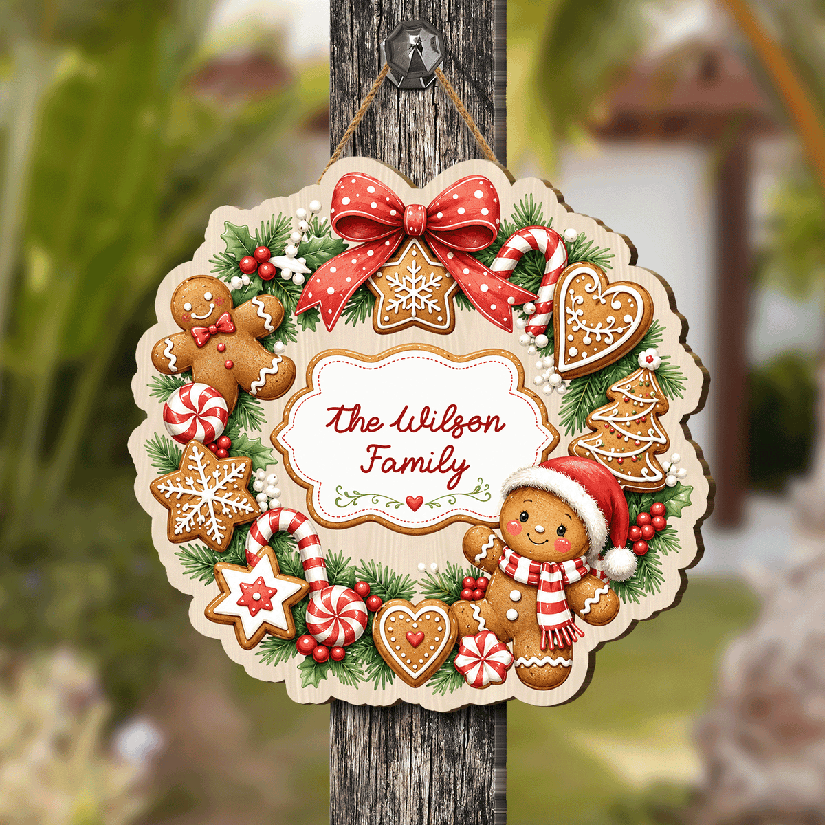 Personalized Gingerbread Wreath Custom Shape Wood Sign, Cute Christmas Door Hanger Custom Family Name Gingerbread Man & Cookie Wreath Wooden Plaque, Holiday Wall Decor & Family Gift