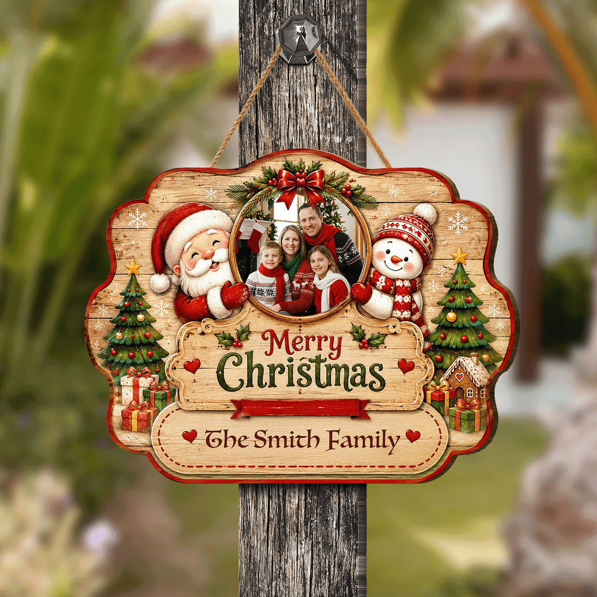 Personalized Merry Christmas Photo Frame Custom Shape Wood Sign, Custom Family Picture Name Santa Snowman Trees Wooden Hanging Plaque, Holiday Door & Wall Decor Family Gift