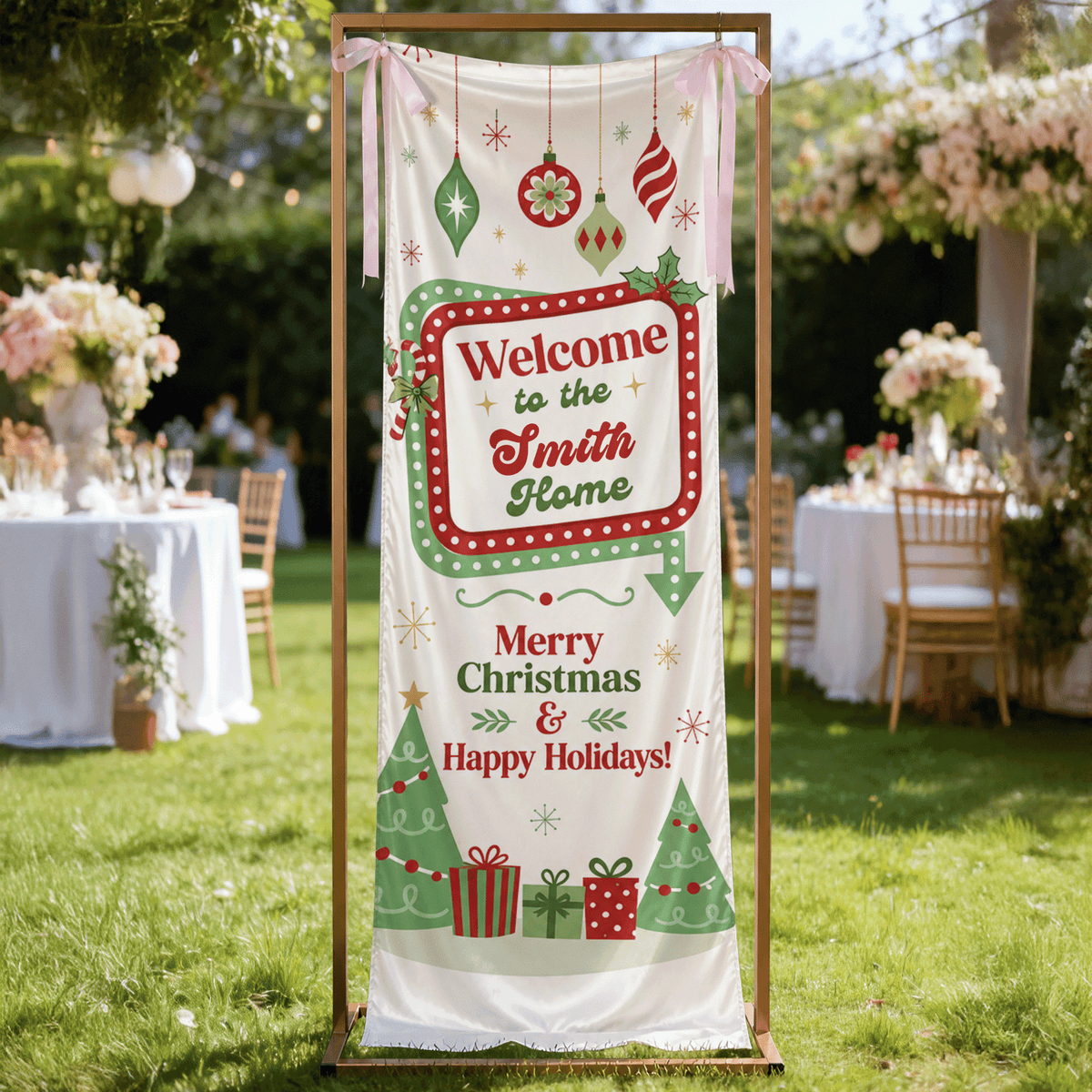 Retro Vintage Marquee Light Christmas Family Fabric Welcome Banner, Personalized Family Name Home Entrance Hanging Sign with Ribbon Ties, Classic Mid-Century Xmas Party Decor