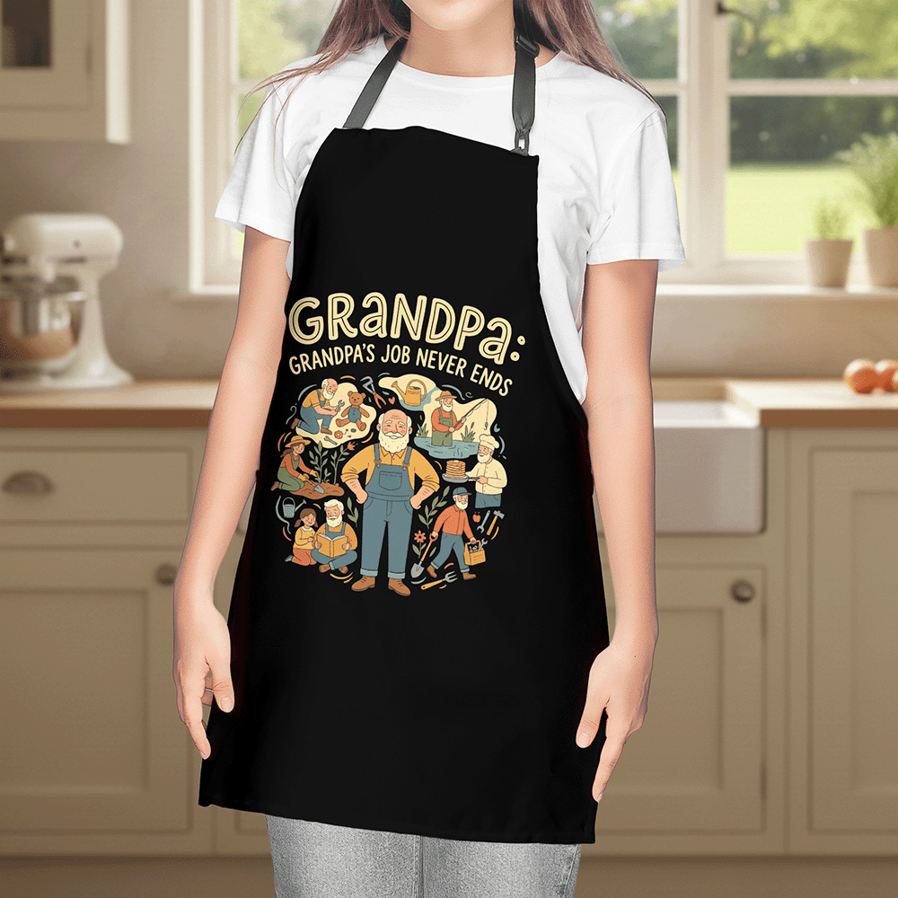 Grandpa's Job Never Ends Apron – Funny BBQ Grilling Apron Gift for Grandpa