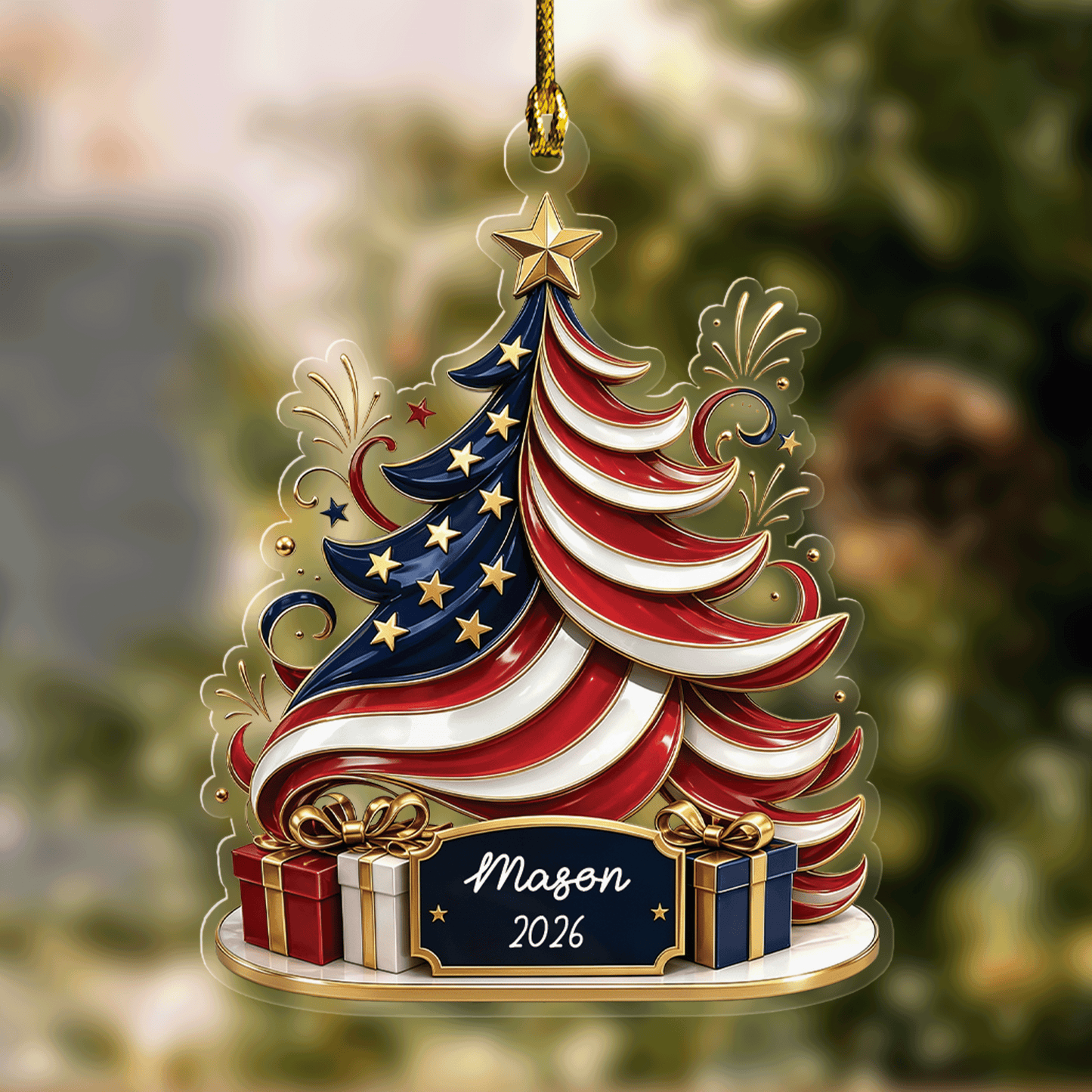 Personalized American Flag Christmas Tree Acrylic Ornament with Custom Name