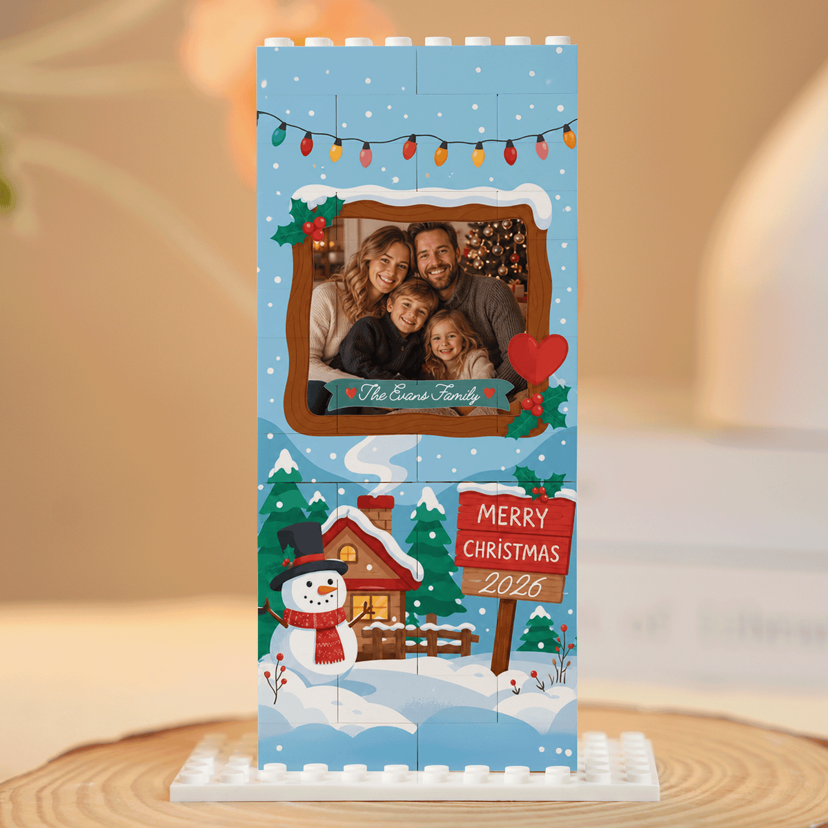 Personalized Photo Christmas Building Block in Sky Blue, Custom Family Name Wooden Window & Snowman Brick Puzzle Keepsake Decor, Festive Holiday Desk Gift