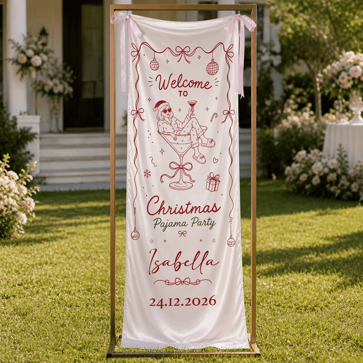 Custom Christmas Pajama Party Fabric Welcome Banner, Personalized Name Holiday Entrance Hanging Sign with Pink Ribbon Ties, Pink Line Art Martini Cocktail Party Decor