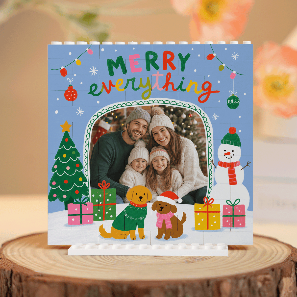 Personalized Photo Christmas Building Block in Sky Blue, Custom Family Picture Cute Dogs & Snowman "Merry Everything" Brick Puzzle Keepsake Decor, Festive Holiday Desk Gift
