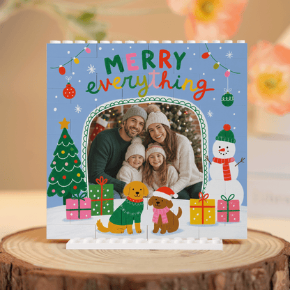 Personalized Photo Christmas Building Block in Sky Blue, Custom Family Picture Cute Dogs & Snowman "Merry Everything" Brick Puzzle Keepsake Decor, Festive Holiday Desk Gift
