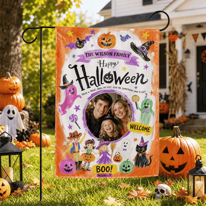 Personalized Happy Halloween Custom Family Photo Kids Trick Or Treat Double Sided Outdoor Garden Flag Custom Name Yard Banner