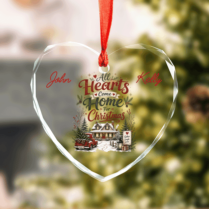 Personalized All Hearts Come Home for Christmas Glass Ornament with Custom Name