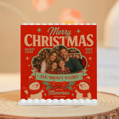 Personalized Photo Christmas Building Block in Classic Red, Custom Family Picture Dual Snowmen & Family Name Brick Puzzle Keepsake Decor, Festive Holiday Desk Gift
