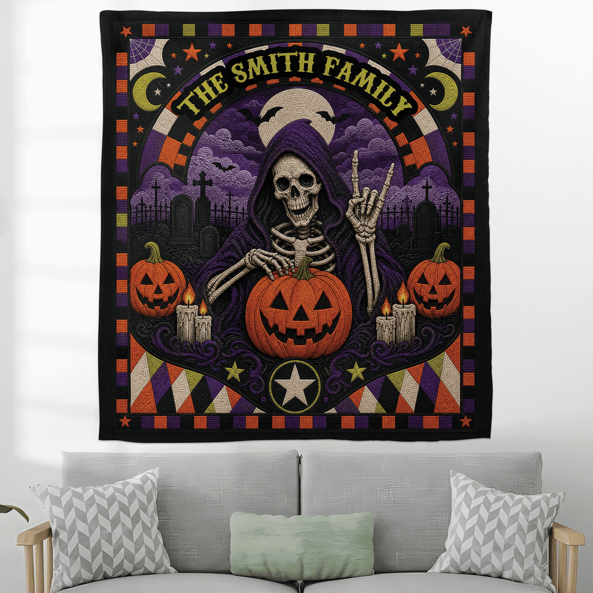 Personalized Halloween Grim Reaper Skeleton Quilt Style Tapestry Wall Hanging Custom Family Name Seasonal Backdrop