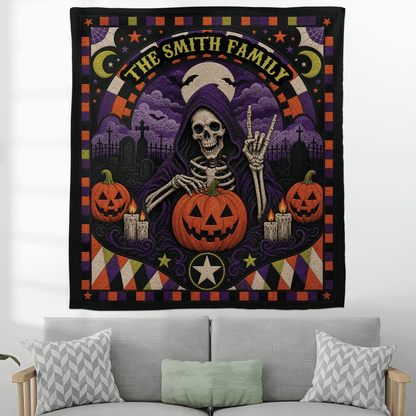 Personalized Halloween Grim Reaper Skeleton Quilt Style Tapestry Wall Hanging Custom Family Name Seasonal Backdrop