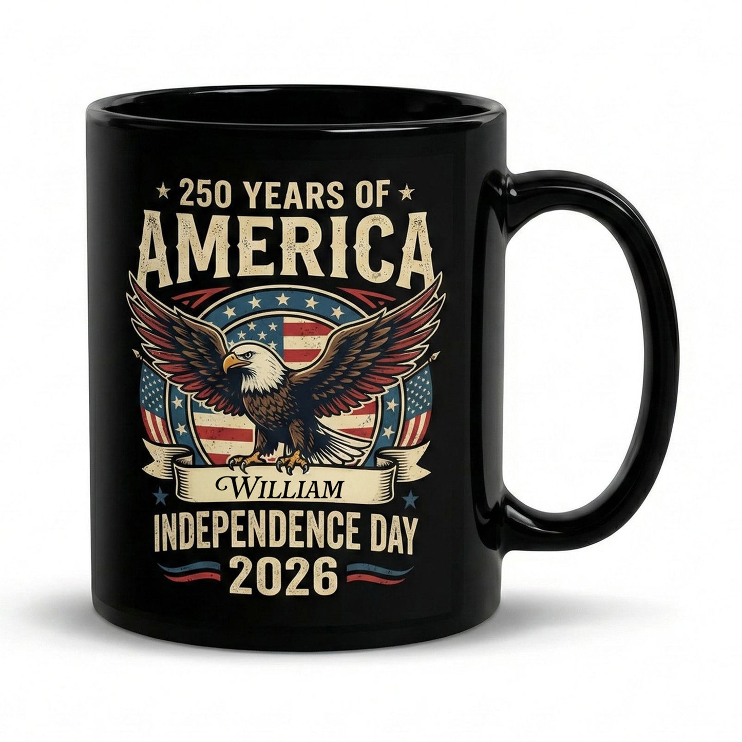 America 250 Independence Day 2026 Personalized Black Mug – Custom Name Patriotic Eagle USA Mug