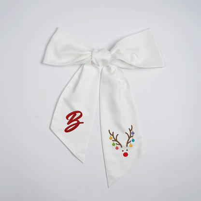 Custom Letter Reindeer Antlers Lights Embroidered Linen Wreath Sash, Personalized Monogram Holiday Bow Sash for Door Decor