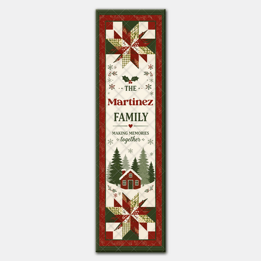 Full length rustic runner design with plaid eight point stars, red cabin, pine trees and family name