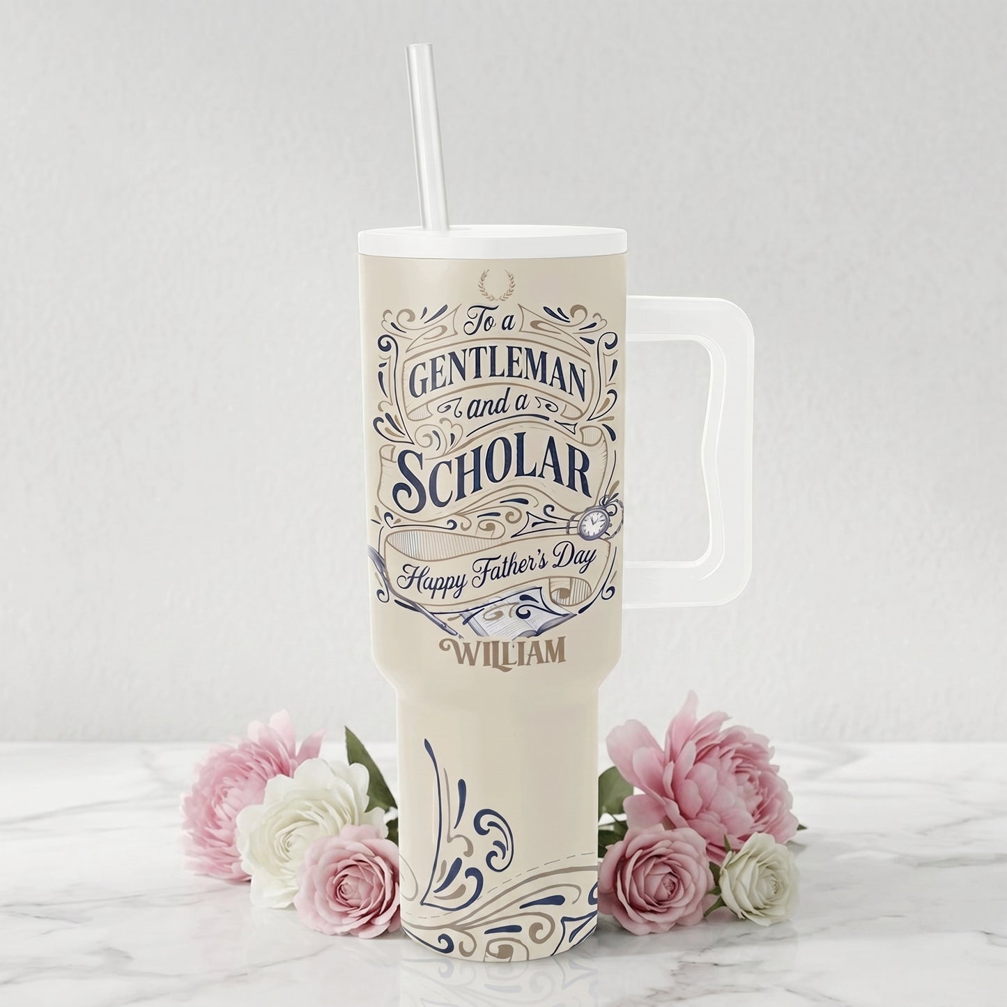 Personalized 40oz Tumbler for Dad – Custom Name “To A Gentleman And A Scholar” Father’s Day Gift Cup