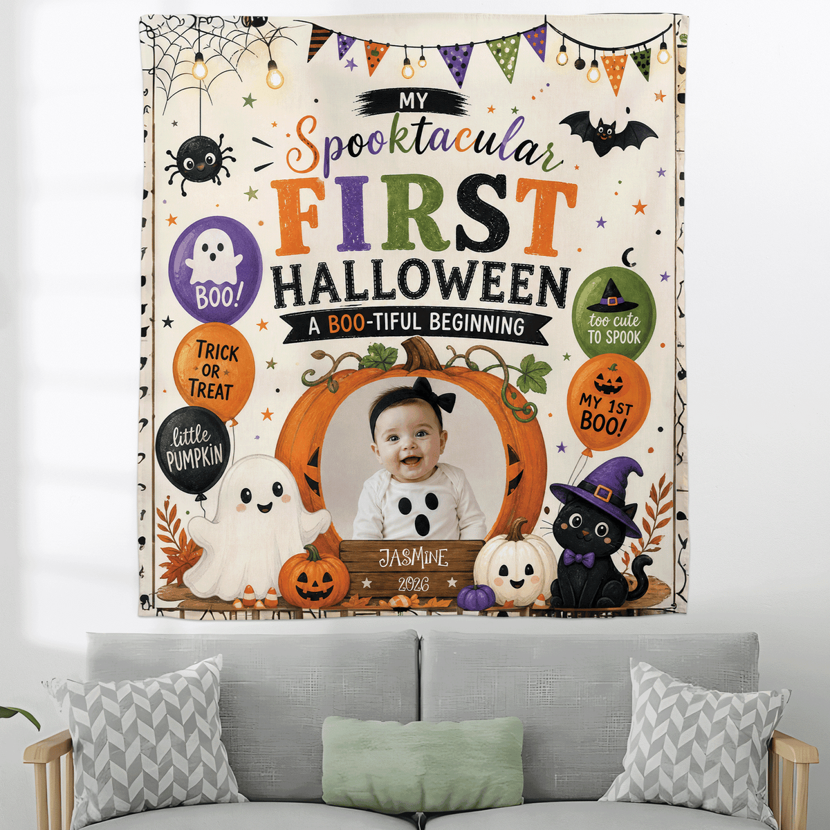 Personalized Baby First Halloween Custom Photo Pumpkin Ghost Tapestry Wall Hanging Name Year Keepsake Backdrop